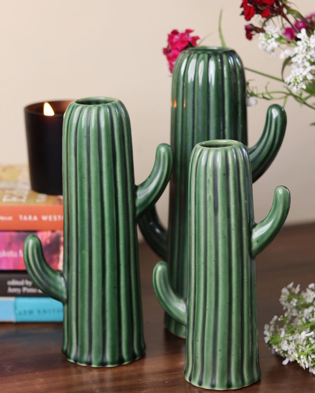 Ceramic Cactus Shape Flower Vase Set of 2 ( 8 & 10 inches)