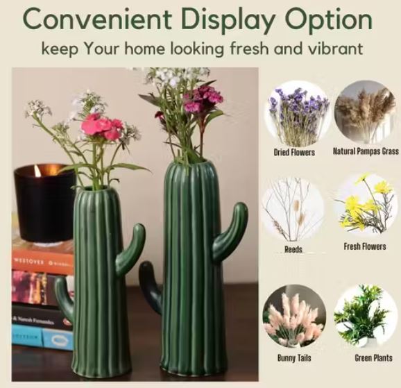 Ceramic Cactus Shape Flower Vase Set of 2 ( 8 & 10 inches)