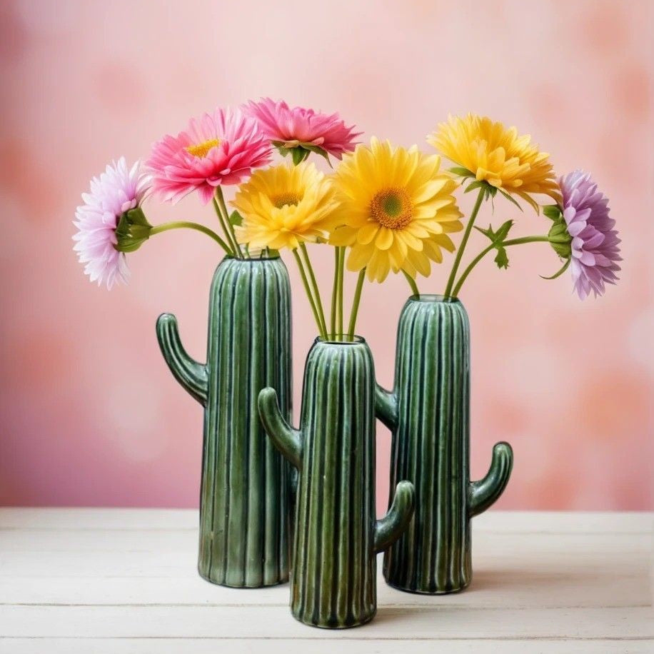 Ceramic Cactus Shape Flower Vase Set of 2 ( 8 & 10 inches)