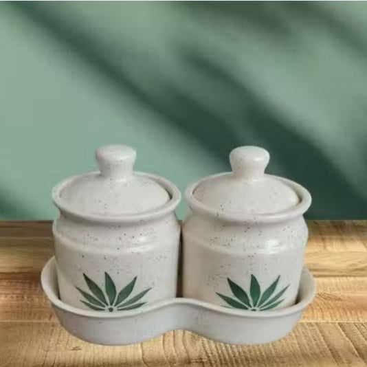 Ceramic Pickle Jar Set of 2 with Ceramic Tray