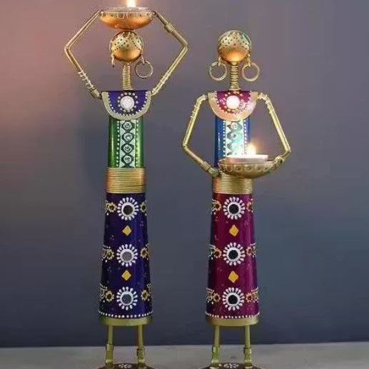 Handmade Rajasthani Tribal Lady T-Light Showpieces - Set of 2