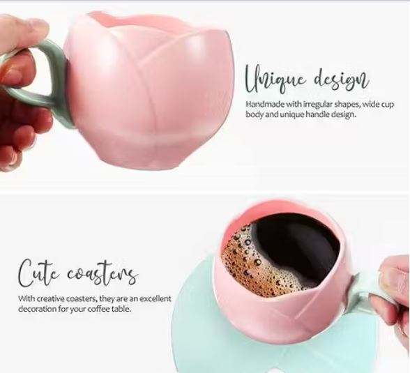 Pink Tulip Flower Ceramic Tea Cup and Leaf-Shaped Saucer Set