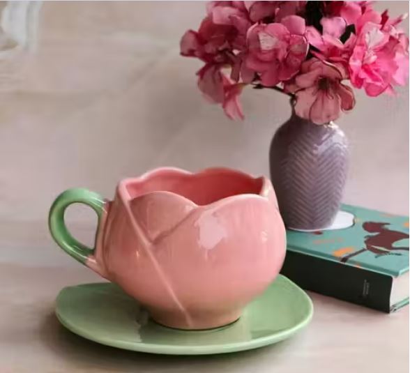 Pink Tulip Flower Ceramic Tea Cup and Leaf-Shaped Saucer Set