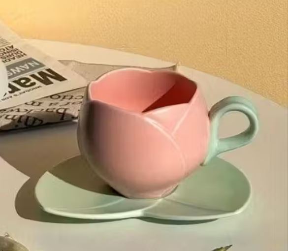 Pink Tulip Flower Ceramic Tea Cup and Leaf-Shaped Saucer Set